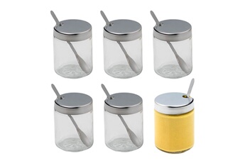Fackelmann 4665250 Lot de 6 moutardiers avec cuillères, moutardier, pot à moutarde, Acier inoxydable, Verre, 6 x 4,5 cm