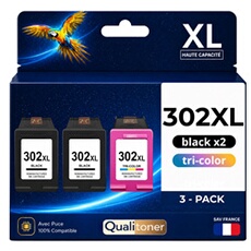 Pack de 3 Cartouches compatible pour HP 302XL Noir et Couleur