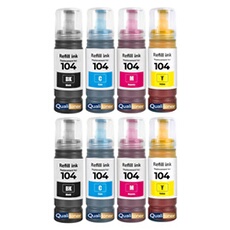 Pack 8 Bouteilles d'encre compatibles Epson 104 E104 Noir et Couleurs 70 ml 4500 pages