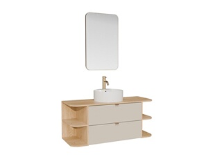 Meuble sous vasque suspendu LAVENA avec niches, vasque ronde, robinet et miroir - Panneau de particule - Beige et naturel clair - 120 cm