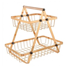 Panier à Fruits et Légumes 2 Etages Inoxydable avec Poignée en Bois Dorée