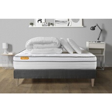 Pack Matelas Memo luxe - Ressorts ensachés et mémoire de forme - Ep : 26cm - Sommier kit Gris avec couette et 2 oreillers