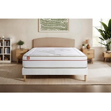 Matelas 140 x 190 cm Le Paisible - Mousse à mémoire de forme - Ep : 24 cm - sommier Blanc avec 2 oreillers et couette