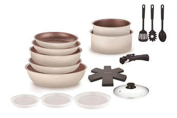 ARTHUR MARTIN - BATTERIE 18 PIECES CREME REVETEMENT TERRACOTTA POIGNEE AMOVIBLE