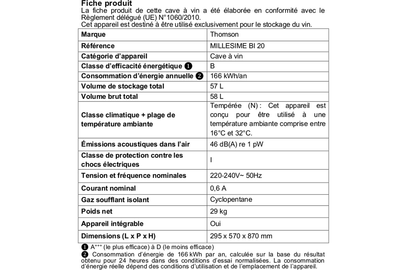 Cave a vin encastrable Thomson Millesime BI 20 INOX Darty