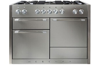 Largeur 120 cm - Table gaz / 5 feux dont une triple couronne de 5000 W + support wok / Nettoyage : catalyse (sauf gril ) // Email lisse : gril séparé de 21 litres / 1 four chaleur tournante 79 litres - 1 four multifonction de 80 litres