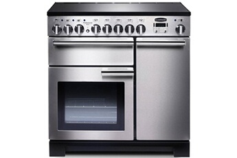 Cuisinière 90 cm de large / Four multifontions (gauche) + Four chaleur tournante (droit) / 5 brûleurs induction / Un four gril séparé avec plateau coulissant