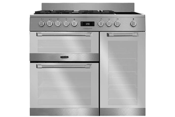 Largeur 100 cm - Table de cuisson gaz / 5 foyers gaz dont 1 Wok double couronne (4000 W) et 1 zone vitrocéramique / 1 four convection naturelle (38L), 1 four chaleur tournante (75L) et 1 four multifonction (79L) / Rails télescopiques - Programmateur digital - Esthétique PREMIUM CUISINEMASTERPRO