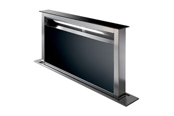 Hotte plan de travail 90 cm - Finition inox et verre noir / Débit d'air de 200/440 à 720 m³/h en intensive / Puissance acoustique de 43/57 à 68 dB en intensive / Aspiration périmétrique