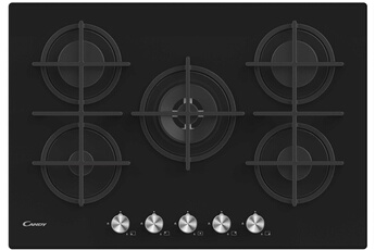 Revêtement verre trempé noir - Largeur 75 cm / 5 foyers gaz dont 1 brûleur double couronne de 4000 W / Allumage "une main" - Sécurité gaz par thermocouple / Supports individuels en fonte