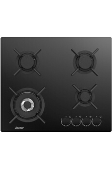 Revêtement en verre - Largeur 60 cm / 4 foyers gaz dont 1 triple couronne de 3800 W / Allumage intégré aux manettes - Sécurité thermocouple / Support de grilles en fonte