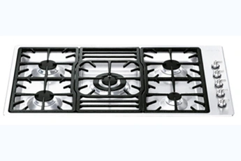 Revêtement en inox - Largeur 90 cm / 5 foyers gaz / Puissance foyer principal : 4000 W / Allumage "une main" - Grilles affleurantes en fonte