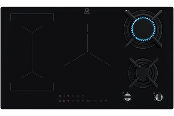 Largeur 90 cm - Revêtement verre / 2 foyers gaz et 2 foyers induction / Contrôle des zones de surface totale individualisé / Allumage électronique intégré aux manettes