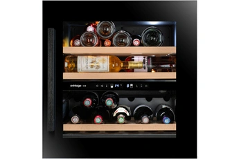 Encastrable - 28 bouteilles - Dimensions : (H-L-P) : 59x59x56 cm - Classe F- 38 dB / Double zone de température - Clayettes télescopiques avec visibilité sur les étiquettes / Cave connectée via une application - Système anti-vibration / Système auto-ventilé - Porte triple vitrage