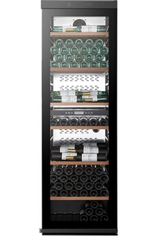 Capacité 237 bouteilles (type Bordeaux 75 cl) - HxLxP : 188 x 59.5 x 69.6 cm / 6 clayettes coulissantes en bois / 2 zones de températures - Contrôle électronique / Connectivité Vinotag avec registre de cave - Porte vitrée anti-UV