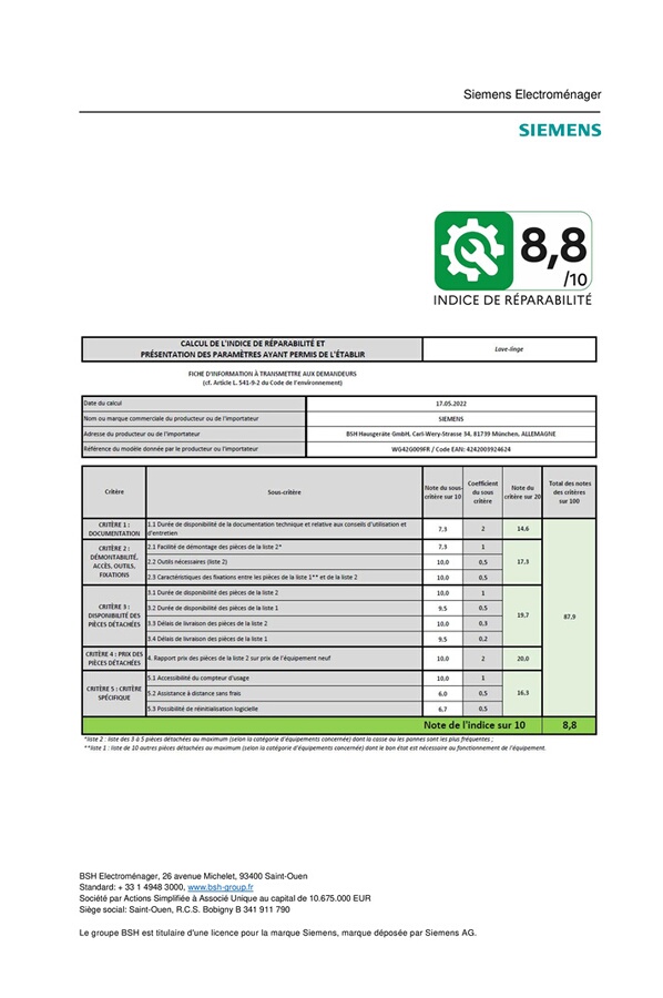 Indice de réparabilité de 8,8