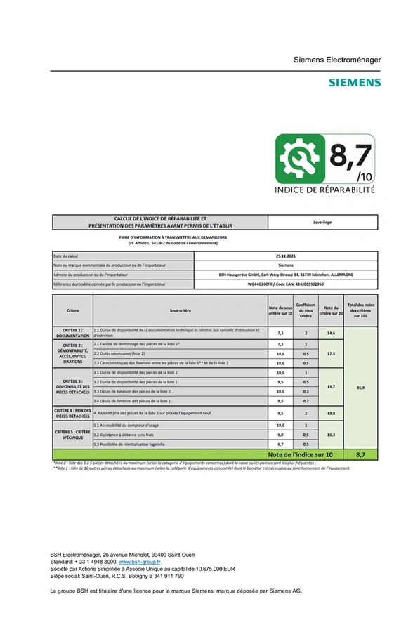 Indice de réparabilité de 8,7