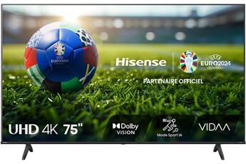 Ecran 189 cm (75") - 4K UHD (3840 x 2160) / Dolby Vision - Mode jeu VRR ALLM / Smart TV Vidaa U7.6 / 3 HDMI - 2 USB