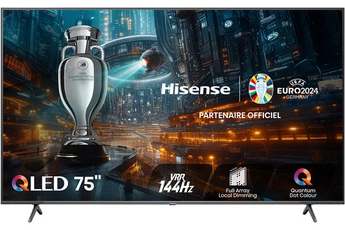 Ecran QLED 189 cm (75") - 4K UHD (3840 x 2160) / Fréquence native de la dalle: 120Hz / 144Hz (VRR) / 240Hz (HSR) / Smart TV Vidaa U7.6 / 4 HDMI - 2 USB