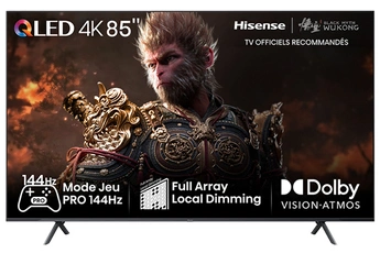 Ecran QLED 215 cm (85") - 4K UHD (3840 x 2160) / Fréquence native de la dalle: 120Hz / 144Hz (VRR) / 240Hz (HSR) / Smart TV Vidaa U7.6 / 4 HDMI - 2 USB