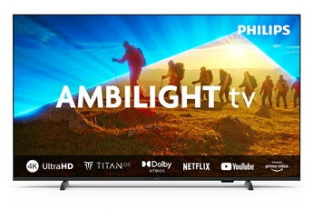 Ambilight: S'adapte à la couleur du mur, Éclairage tamisé, Musique Ambilight, AmbiSleep, Réveil avec lever de soleil, compatible avec les enceintes domestiques sans fil Philips, Animation FTI Ambilight . Version Ambilight: 3 côtés / Système d'exploitation TITAN/.Applications Smart TV*: Netflix, HBO, YouTube, Amazon Prime Video, Canal TITAN, Appli NFT*, Appli télécommande STB / Son Dolby Atmos / Paré pour le gaming. VRR et faible latence sur n'importe quelle console