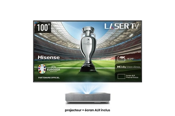 Laser TV - Pack complet inclus projecteur ultra-courte focale 4K + Barre de son intégrée + Ecran anti-reflet 100" / Ecran 100" Anti-Reflet - Des images visibles de jour comme de nuit / Projecteur ultra-courte focale - 28.7 cm de recul suffisent pour diffuser une image de 100" de diagonal / Expérience TV complète - Smart TV + Tuner TNT/Satellite intégré