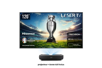 Projecteur Triple Laser ultra-courte focale 4K + Barre de son Dolby Atmos intégrée / Ecran de projection anti-reflet 120" : Des images éclatantes / 4K - HDR - Smart TV - VIDAA U6 : Un hub de contenus / Barre de Son intégrée + Dolby Atmos : L'expérience cinéma complète