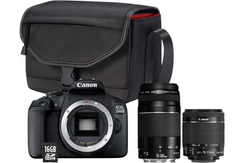 Appareil photo Reflex Canon EOS 2000D+EF-S 18-55 IS II+EF 75-300 f/4-5,6 III + Sac + Carte mémoire S