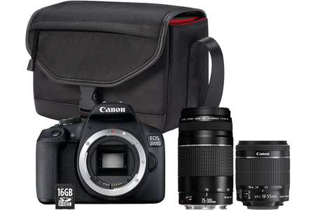 Appareil photo Reflex Canon EOS 2000D+EF-S 18-55 IS II+EF 75-300 f/4-5,6 III + Sac + Carte mémoire SD 16 Go
