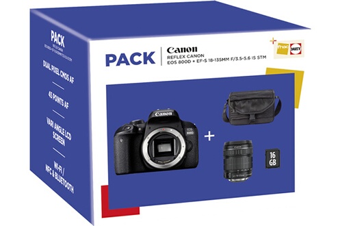 Canon PACK EOS 800D + 18-135 IS STM + FOURRE-TOUT + SD 16Go