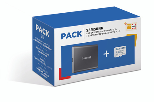 SSD externe Samsung Pack SSD externe T7 2 To Gris + carte microSD Samsung  Evo 64 Go - PACK SSD T72T MSD 64