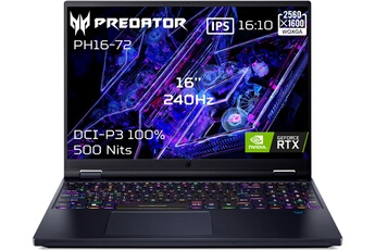 Ecran 16" WQXGA IPS (Dalle Mate) 16:10 240Hz ; Ratio image 16:10 ; Résolution QHD+ WQXGA Technologie IPS (2560 x 1600) ; Taux de rafraîchissement : 240Hz - DCI-P3 100% / Intel® CoreT i7-14700HX - Nvidia GeForce RTX 4070 / 32 Go RAM 2 To SSD / Microsoft Windows 11 - Bluetooth 5.3 - Wi-Fi 7 802.11 a/b/g/n/ac/ax/be