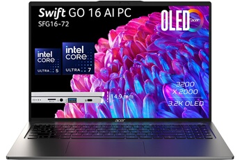 Ecran 16" 3.2K Dalle OLED (DCI-P3 100% 120Hz) / Processeur Intel® CoreT Ultra 7 155U(jusqu'à 4,8 Ghz) - Intel® ARC® Graphics / RAM 16 Go LPDDR5X - Stockage 1 To SSD / Windows 11 - Wi-Fi 6E - Bluetooth 5.3