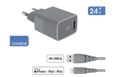 Chargeur pour téléphone mobile Force Power Chargeur secteur USB A + Cable Lightning 1.2m Recycle Gris