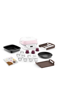 Cuisson parfaite des gâteaux, pâtisseries, crèmes dessert, yaourts, pain : contrôle T° et temps de cuisson / 9 programmes automatiques + 1 Mode manuel / Inclus: 9 moules et support CreaBake, 9 pots en verre, moule à tarte, moule antiadhésif XL, moule à pain/brioche et livre de recettes / Compatible avec tous les moules Creabake Tefal pour multiplier les recettes