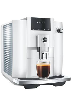 Machine à Café Automatique Jura E4 1450W - Broyeur Aroma, 5 Spécialités, Percolation 3D - Blanc