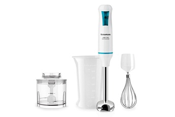 Puissance 750 watts / Capacité : 500ml - Pied en Inox / Lames en acier inoxydable haute performance à double effet : fouettent et hachent / Kit complet d'accessoires : verre doseur gradué de 500 ml, hachoir et fouet