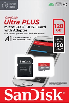 Carte Micro SDXC de 128 GO / Vitesse de lecture de 150 MB/s / Avec adaptateur SD / Photos et vidéos Full HDCarte Micro SDXC de 128 GO / Vitesse de lecture de 150 MB/s / Avec adaptateur SD / Photos et vidéos Full HD