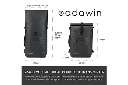 BADAWIN Sacoche Vélo Porte-Bagages Étanche 25/30L - Hind Avec Compartiment Ordinateur Jusqu'à 17'', Fixation Facile, Bandoulière Amovible, Poche Latérale Et Logos Réfléchissants