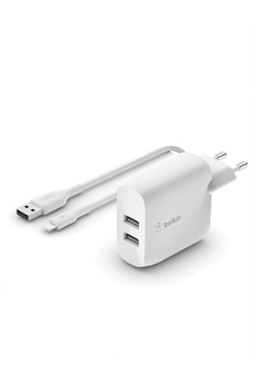 Connectique et chargeurs pour tablette Belkin Chargeur secteur 2 ports USB-A, 24W avec câble Lightni
