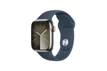 Series 9 GPS + Cellular 41mm Boîtier en Acier Inoxydable Argent avec Bracelet Sport Bleu Tempete - S/M