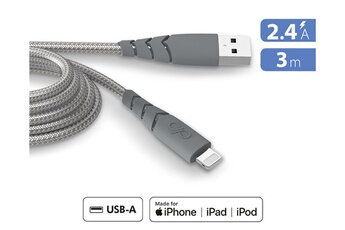 Câble téléphone portable Force Power Cable Ultra Renforce USB-A/Lightning 3m Recycle Gris