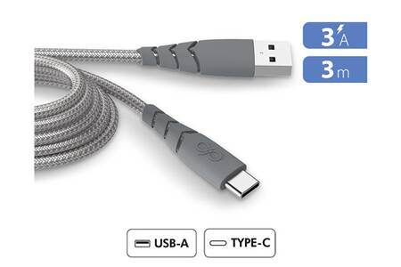 Câble téléphone portable Force Power Cable Ultra Renforce USB-A/C 3m Recycle Gris