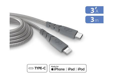 Câble téléphone portable Force Power Cable Ultra Renforce USB-C/Lightning 3m Recycle Gris
